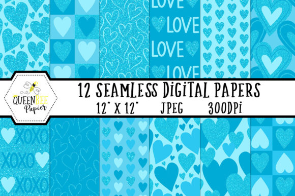 Blue Glitter Heart Digital Paper Pack