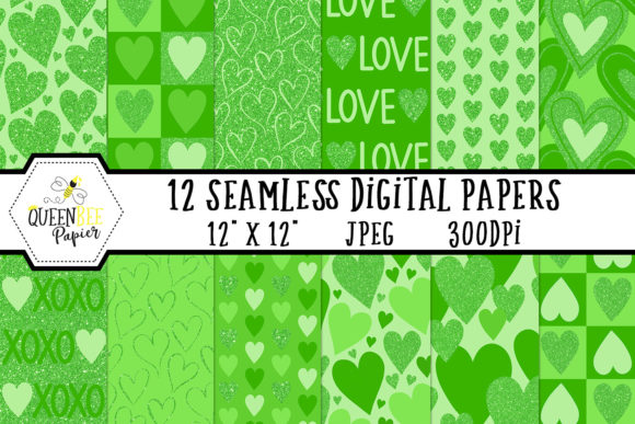 Green Glitter Heart Digital Paper Pack