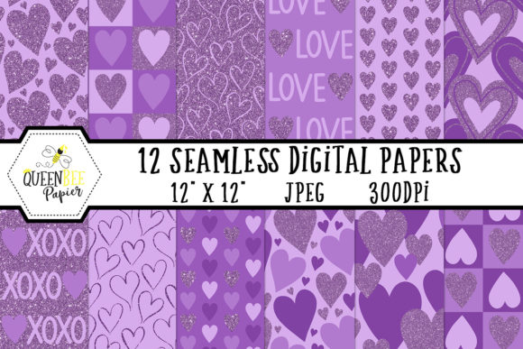 Purple Glitter Heart Digital Paper Pack