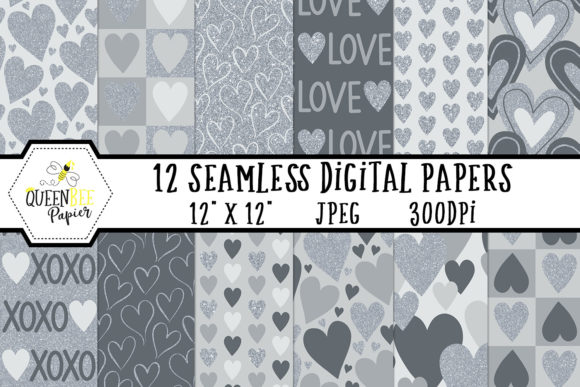 Silver Glitter Heart Digital Paper Pack
