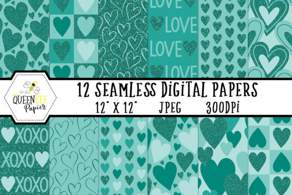 Teal Glitter Heart Digital Papers