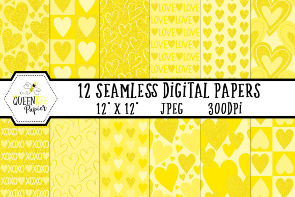 Yellow Glitter Hearts Digital Paper Pack